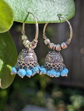Boho Silver Jhumka Earrings with Turquoise Blue Beads